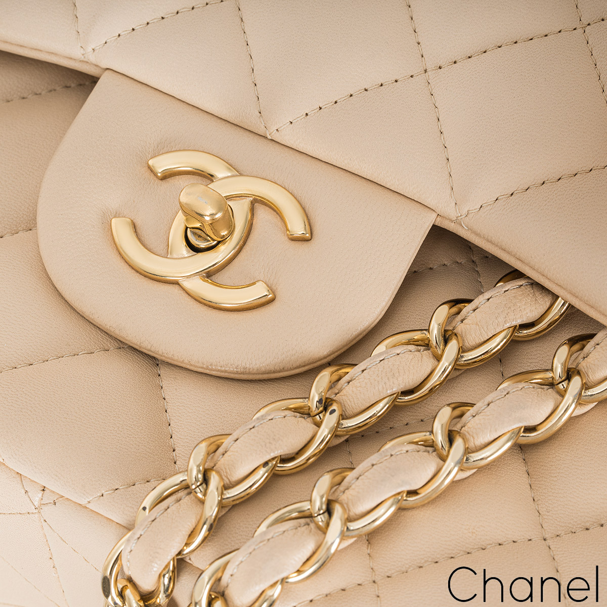 Pre-owned Chanel Jumbo Classic Double Flap Bag Beige Caviar Gold Hardware